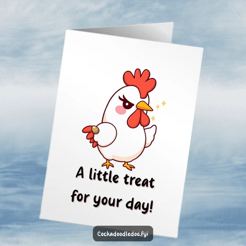 Funny Free Printable Rooster Birthday Card: A rooster winks mischievously, offering a tiny sparkling seed as a special birthday treat.