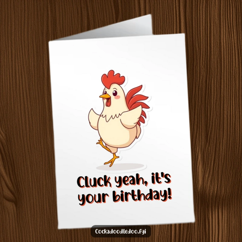 Funny Free Printable Birthday Card: Cheerful rooster character doing a lively jig dance, spreading joy for a celebration.