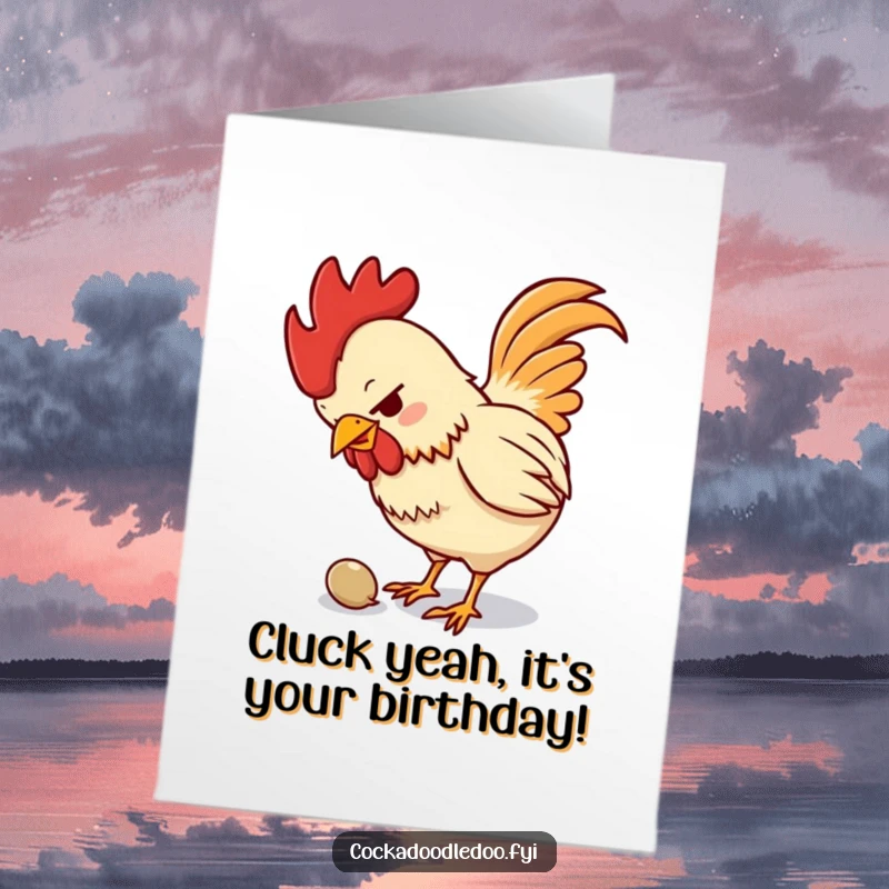 Funny Free Printable Rooster Birthday Card: Small rooster pecking a seed with intense focus, ready to celebrate.
