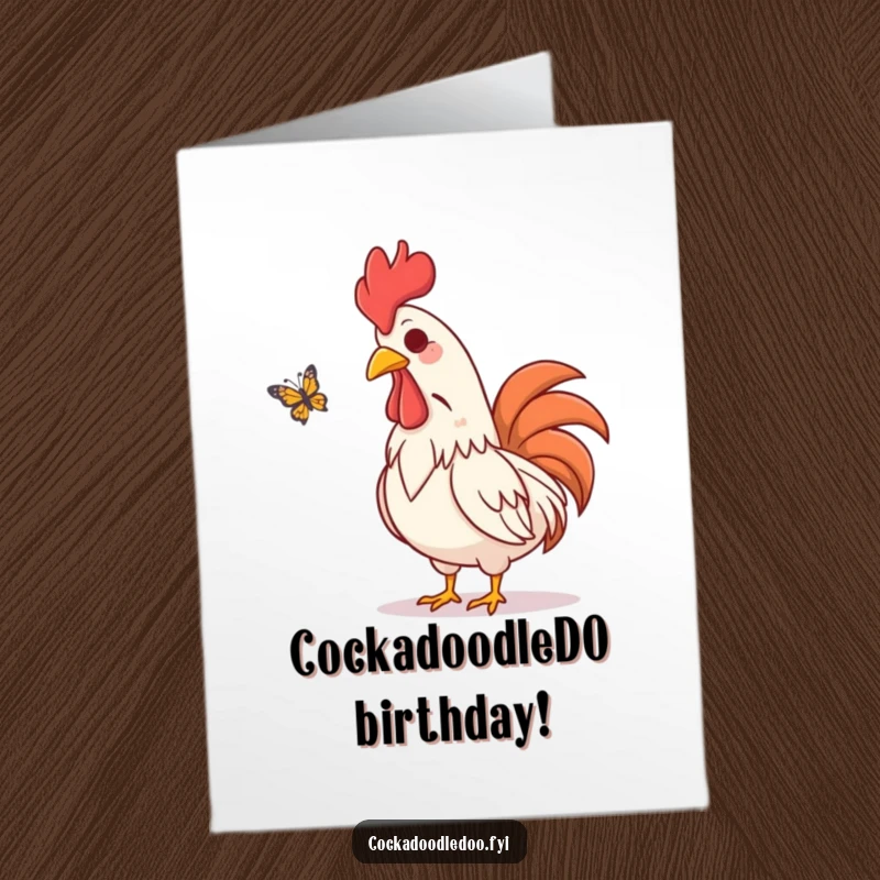 Funny Free Printable Birthday Card: An amused rooster character visually chuckling while watching a butterfly flutter past.