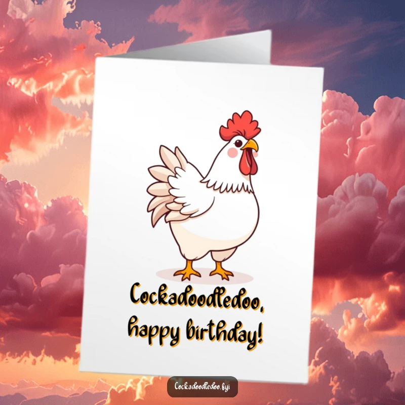 Funny Free Printable Birthday Card: A cute kawaii rooster puffs its chest and crows joyfully, announcing birthday fun with cheerful energy.