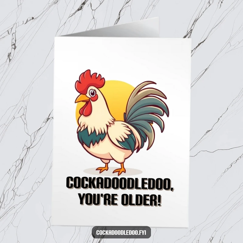 Funny Free Printable Birthday Card: Cheerful Rooster with Wide Beak Crowing Loudly at the Sunrise