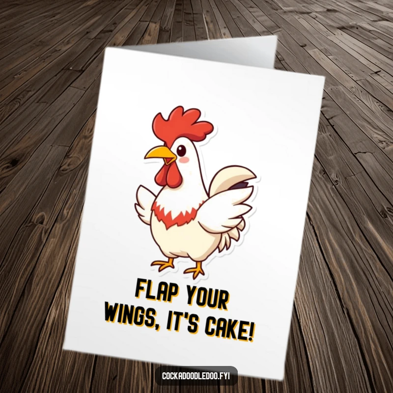Funny Free Printable Birthday Card: Rooster with wide, cheerful beak, happily flapping its wings.