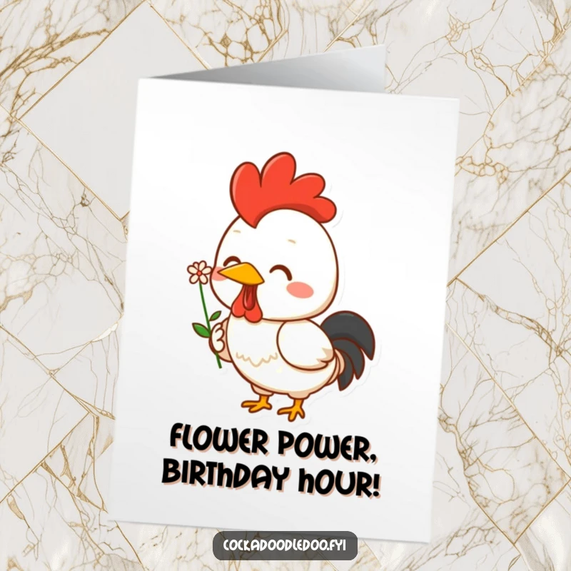 Funny Free Printable Birthday Card: Cheerful Kawaii rooster with flower, proud smile, ready to celebrate.
