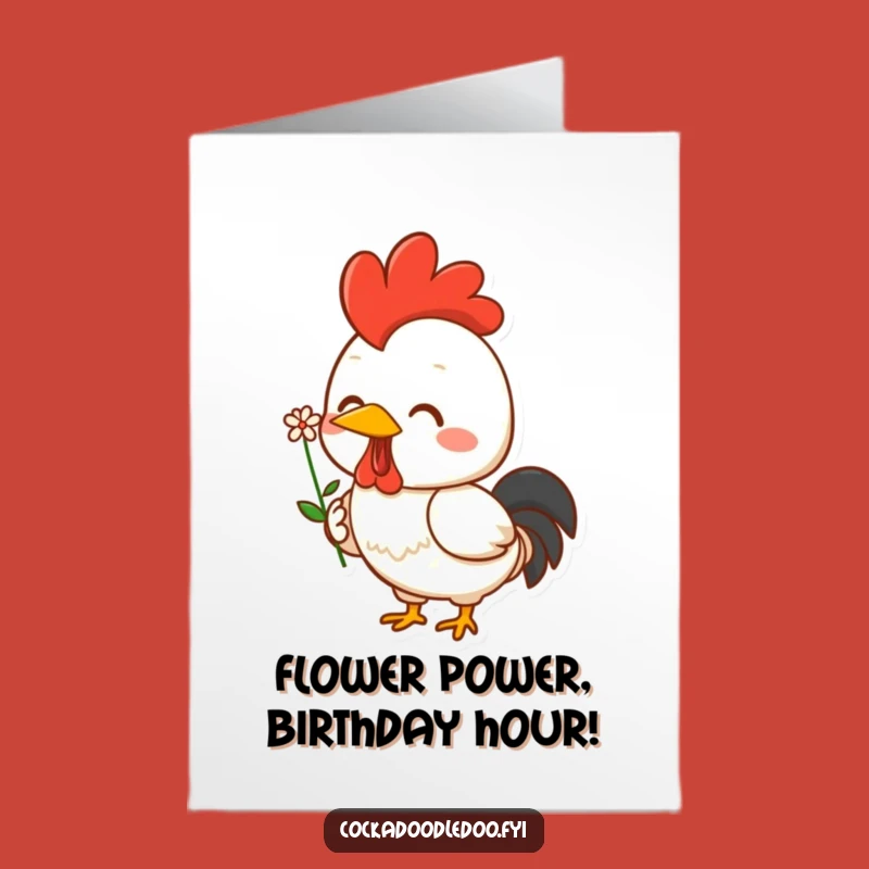 Free Printable Birthday Card: Cheerful Kawaii Rooster Flower - Funny Downloadable Gift