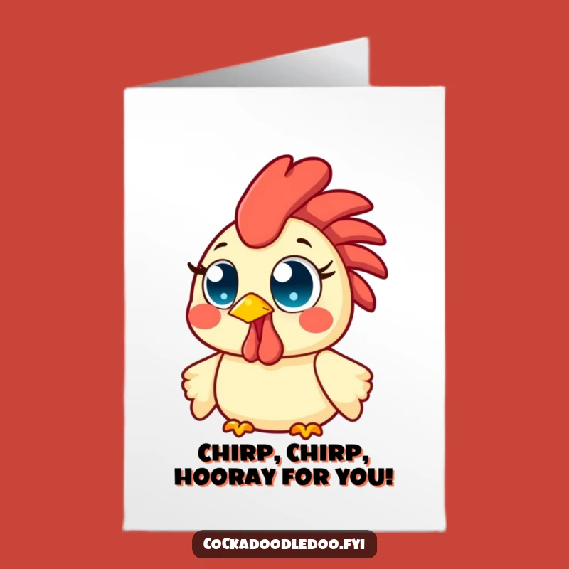 Free Printable Birthday Card: Cheerful Kawaii Rooster Smiles Brightly, Sweet Funny Downloadable Gift