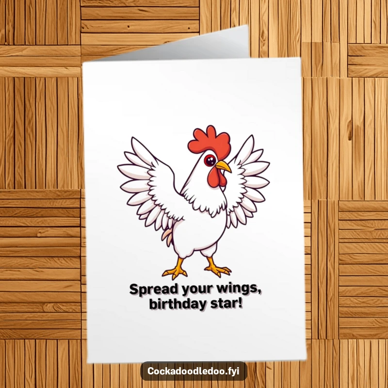 Funny Free Printable Birthday Card: Determined Kawaii rooster stretching wings wide, ready for adventure.