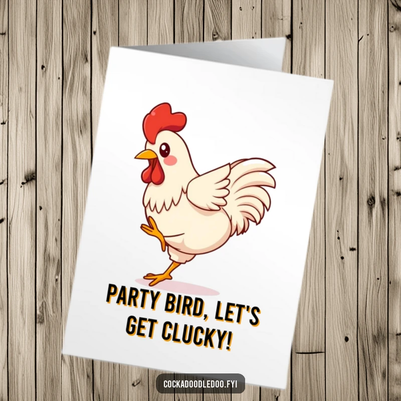 Funny Free Printable Birthday Card: Kawaii rooster kicking tiny legs high in the air with pure, unadulterated joy.