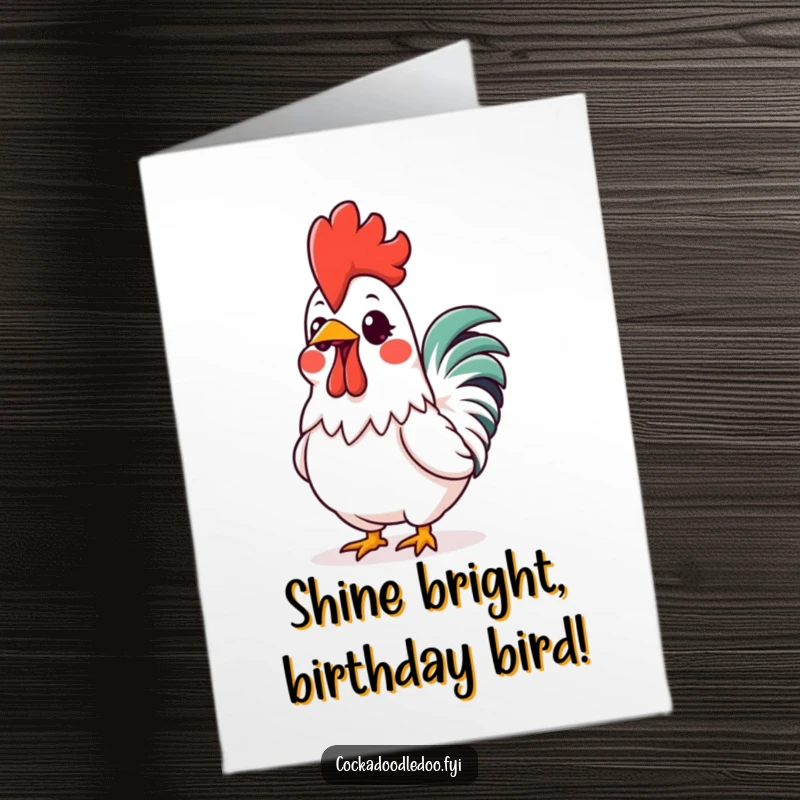 Funny Free Printable Birthday Card: Kawaii rooster, vibrant comb glowing, radiating excitement for a downloadable greeting.