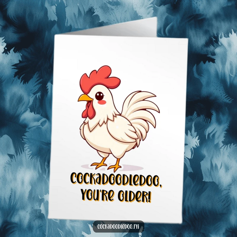 Funny Free Printable Birthday Card: Vibrant Kawaii rooster energetically crowing with puffed chest, shouting happy birthday wishes.
