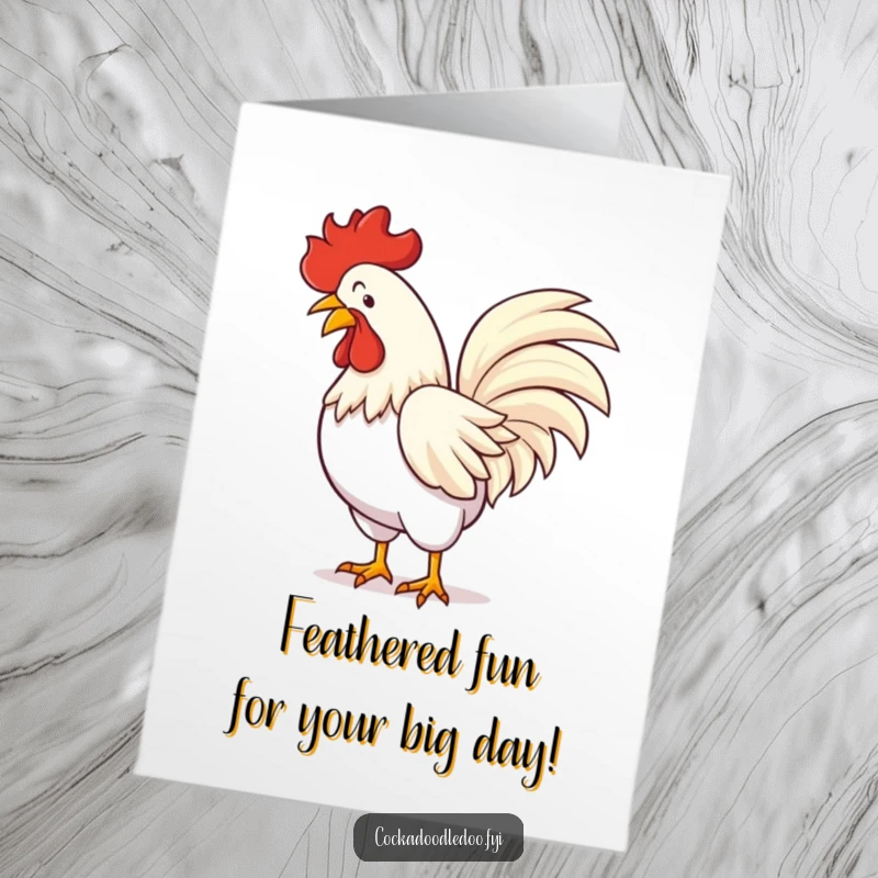 Funny Free Printable Birthday Card: A rooster in a flamboyant bow with tail feathers spread wide, ready to impress.