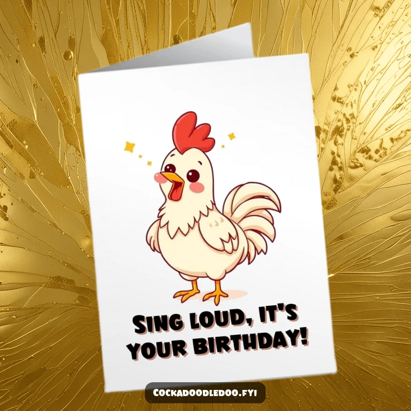 Funny Free Printable Birthday Card: Rooster with Comical Expression Throwing Head Back Singing Joyfully