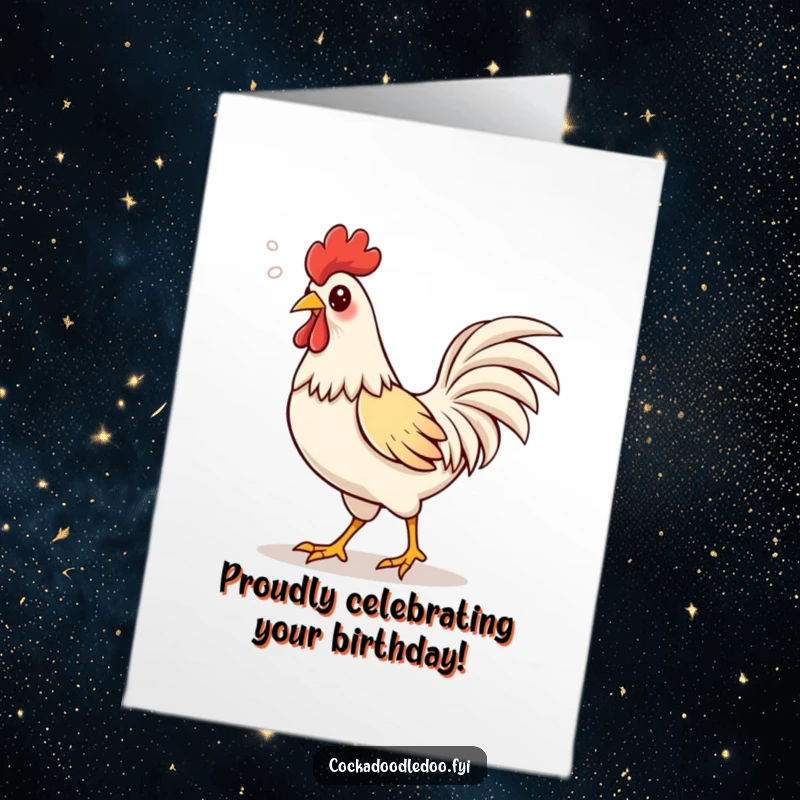 Funny Free Printable Birthday Card: A confident kawaii rooster strutting, puffs of happy air escaping its beak.