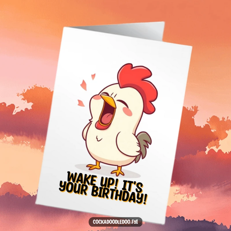 Funny Free Printable Birthday Card: A rooster caught mid-yawn, mouth wide open in a comical, sleepy expression, eyes half-closed.