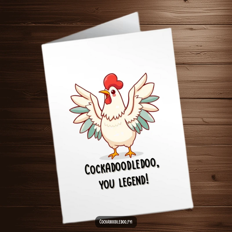 Funny Free Printable Birthday Card: Kawaii rooster with wings spread wide, shouting a cheerful birthday greeting with joy.