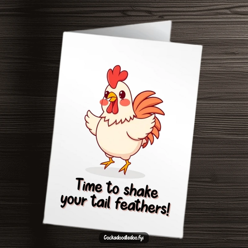 Funny Free Printable Birthday Card: A happy rooster with rosy cheeks is joyfully doing a funny little jig, celebrating the occasion.