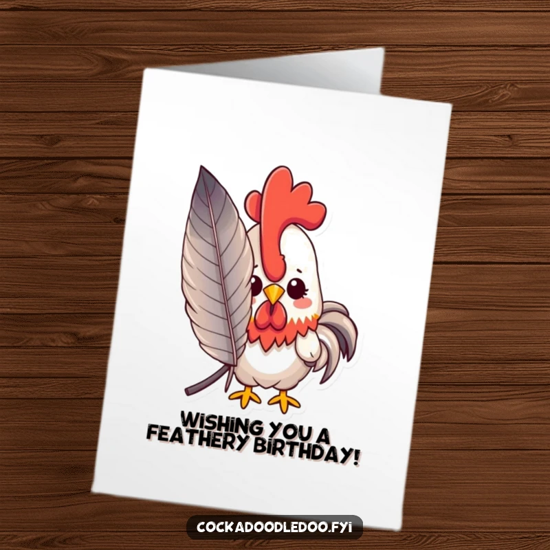 Free Printable Birthday Card: A shy kawaii rooster peeks playfully from behind a large, soft feather. A sweet surprise.