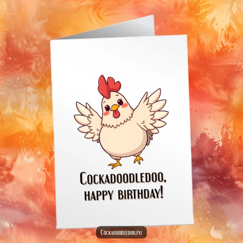 Funny Free Printable Birthday Card: A plump, cute rooster with a cheerful expression stretches its wings wide in celebration.