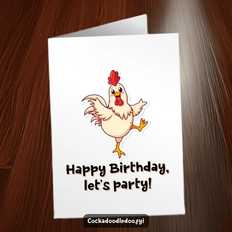 Funny Free Printable Birthday Card: A happy rooster joyfully kicking its legs high in the air, celebrating the birthday!