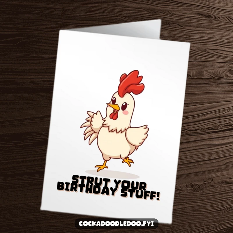 Funny Free Printable Birthday Card: A cheerful rooster character strutting proudly with its comb held high.