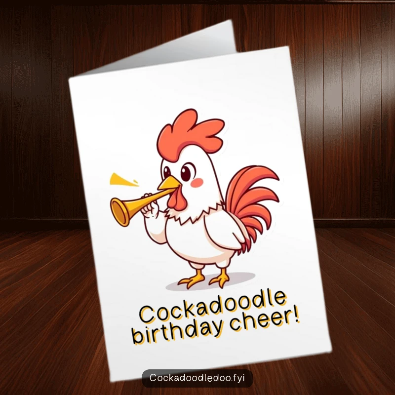 Funny Free Printable Birthday Card: A proud kawaii rooster character blowing a tiny trumpet with great fanfare.