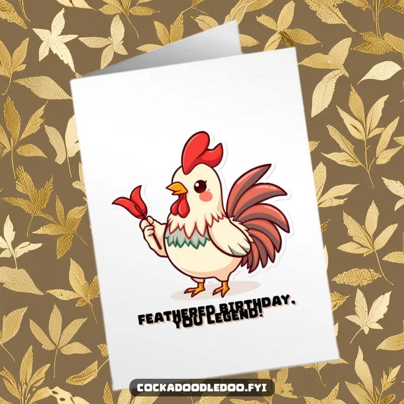 Funny Free Printable birthday card: a proud Kawaii rooster character proudly displaying a shiny red feather.