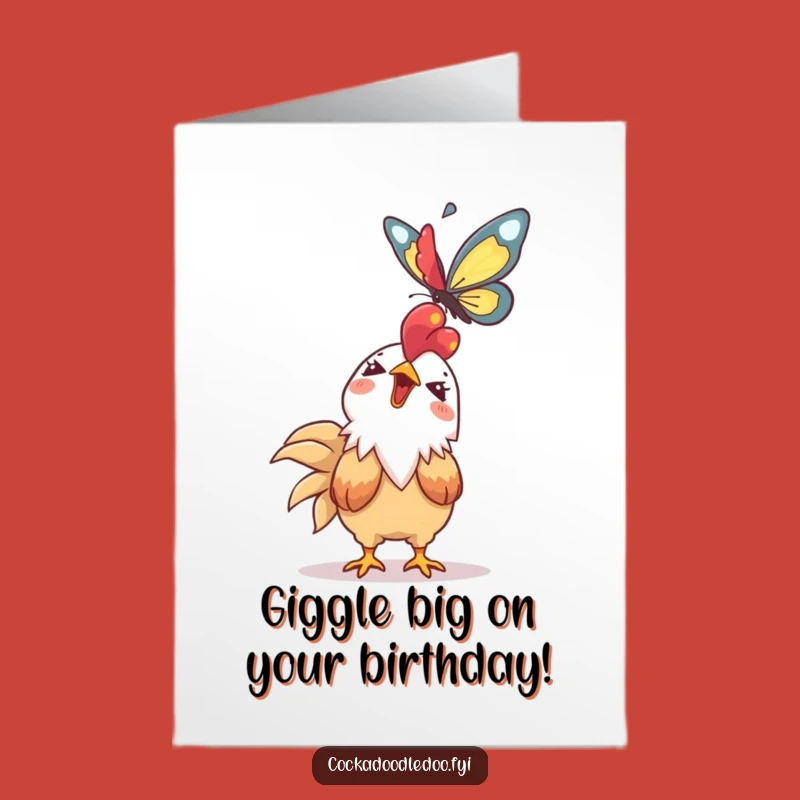 Free Printable Birthday Card: Giggling Kawaii Rooster Butterfly - Funny Downloadable Gift