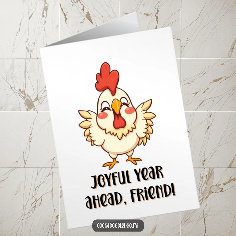 Funny Free Printable Birthday Card: A stylized rooster with an exaggerated joyful expression, radiating happiness. Humorous downloadable art.