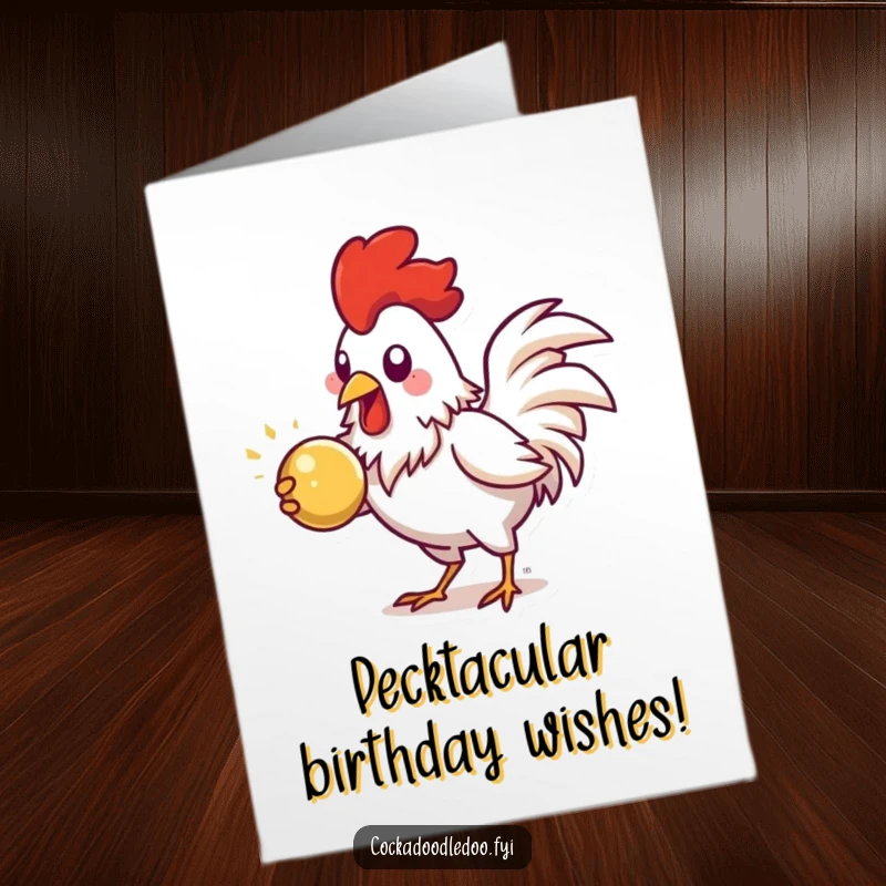Funny Free Printable Birthday Card: Energetic rooster pecking at a shiny object, focused and determined.