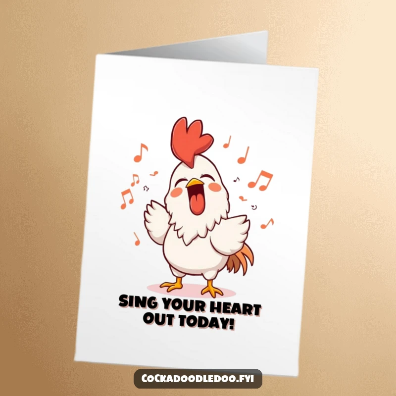 Funny Free Printable Rooster Birthday Card: A rooster sings loudly with a huge smile, surrounded by musical notes, celebrating a birthday tune.