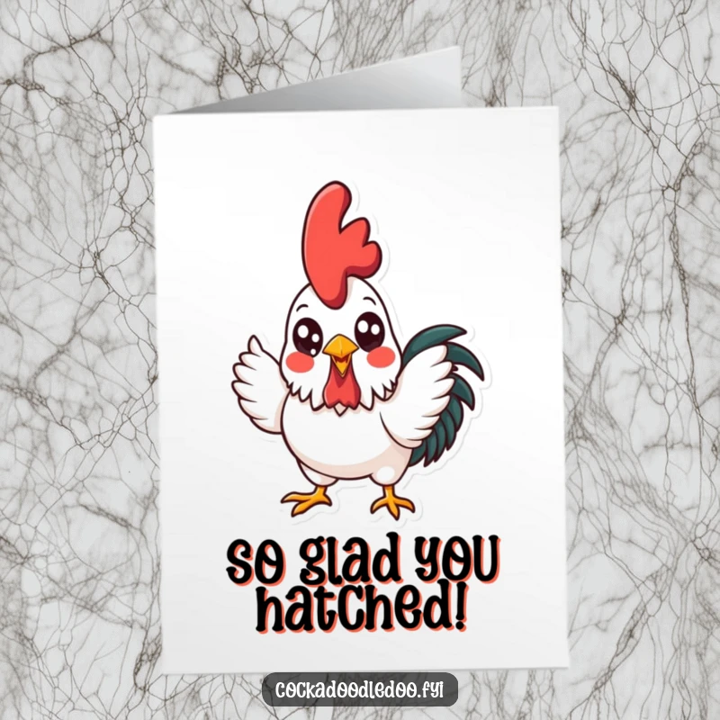 Funny Free Printable Birthday Card featuring a kawaii rooster with bright eyes crowing loudly, perfect for a cheerful DIY greeting.