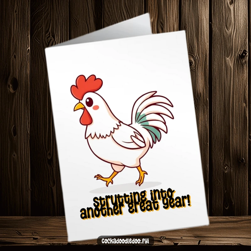 Funny Free Printable Birthday Card: Happy Kawaii rooster strutting confidently with a spring in its step.