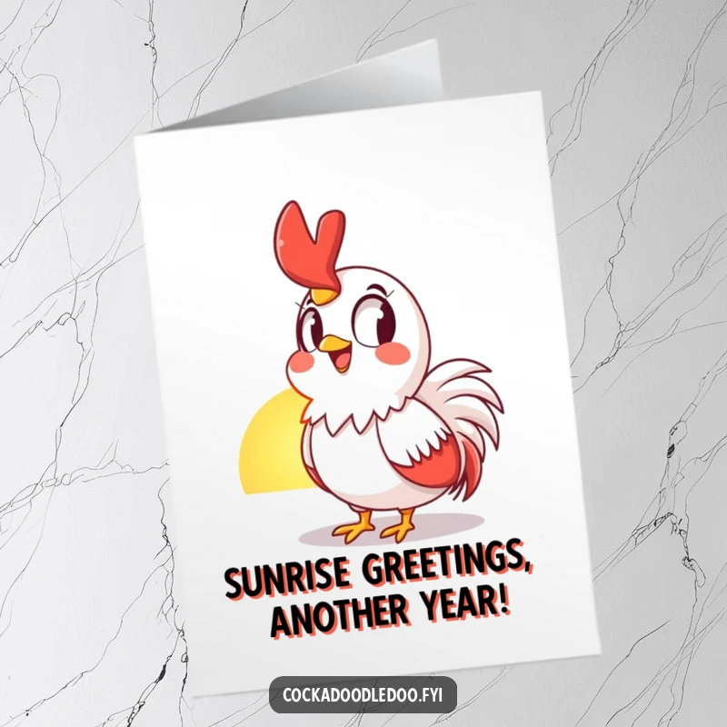 Funny Free Printable Birthday Card featuring a cheerful rooster awestruck by the sunrise, ready to deliver birthday wishes.