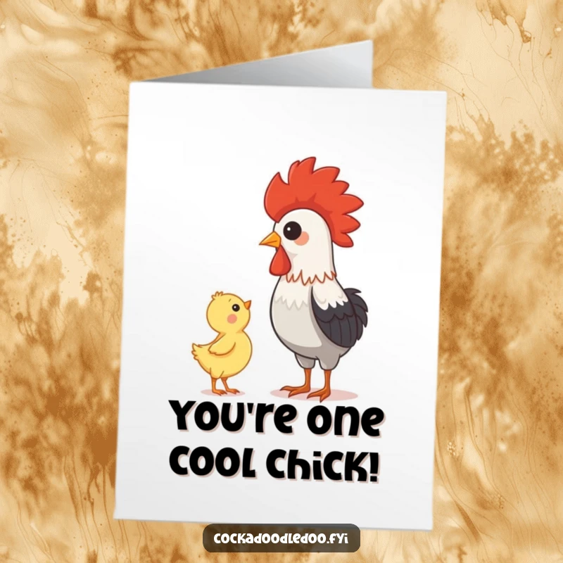 Funny Free Printable Birthday Card: Baby chick gazes up with awe at a proud rooster, a heartwarming scene for any celebration.