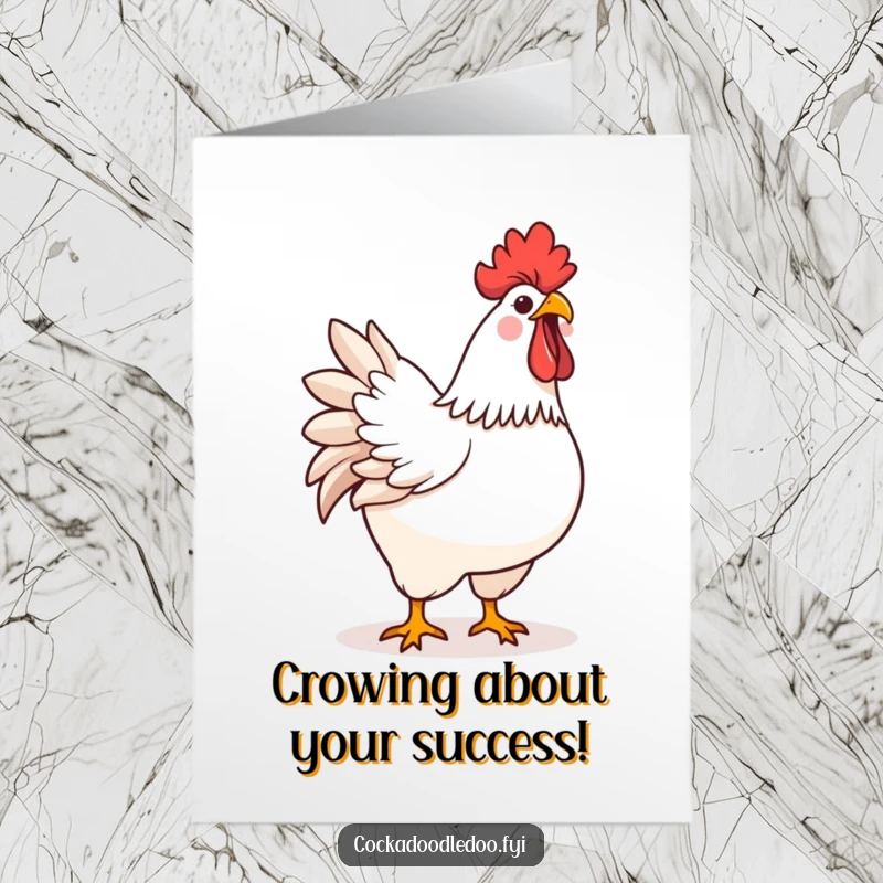 Funny Free Printable Congratulations Card: A proud kawaii rooster puffs its chest and crows joyfully, celebrating your wonderful success.