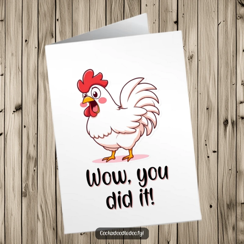 Funny Free Printable Congratulations Card: Wide-Eyed Rooster Exclaiming, Shaking its Fluffy Tail Feathers in Amazement