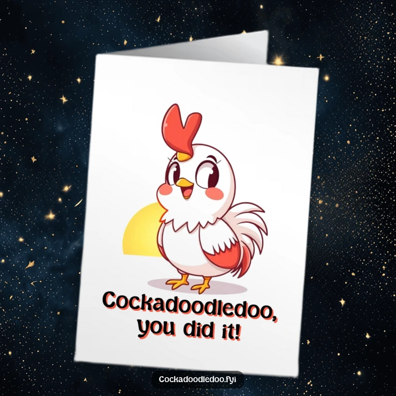 Funny Free Printable Congratulations Card: A rooster gazes in awe at the sunrise, celebrating a big achievement.