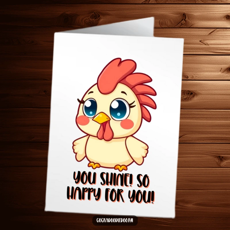 Funny Free Printable Congrats Card: Kawaii rooster with wide bright eyes, beaming with enthusiastic congratulations and morning cheer.