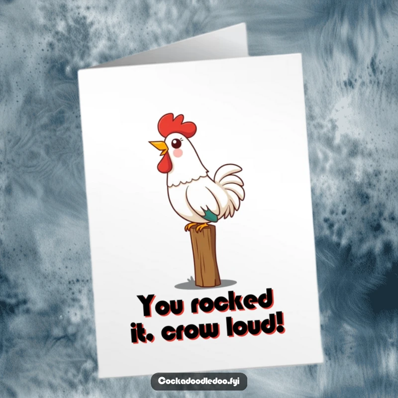 Funny Free Printable Congrats Card: A kawaii rooster on a fence post, head thrown back, letting out a proud, joyful crow.