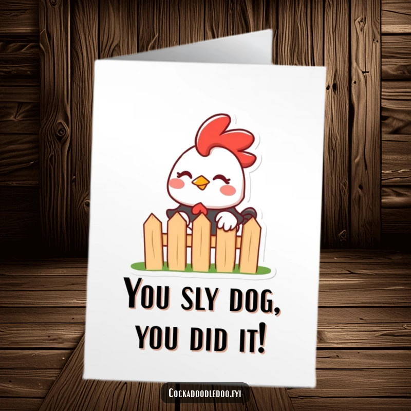 Funny Free Printable Congratulations Card: Mischievous Kawaii rooster peeking over a tiny fence with a wink, celebrating success slyly.