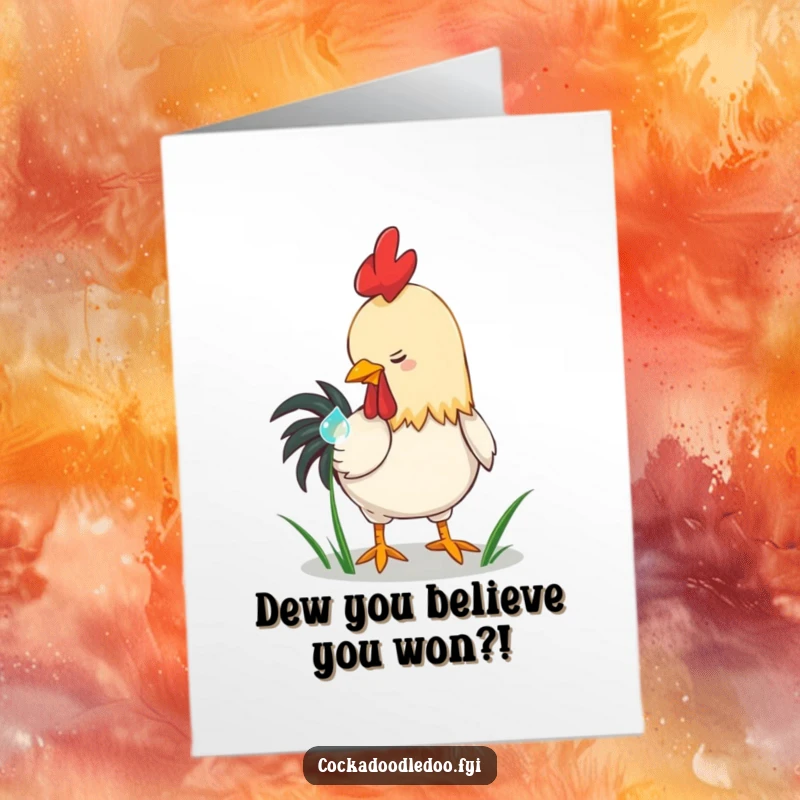 Funny Free Printable Congrats Card: A rooster playfully pecking a shiny dewdrop, perfect for a humorous congratulatory download.