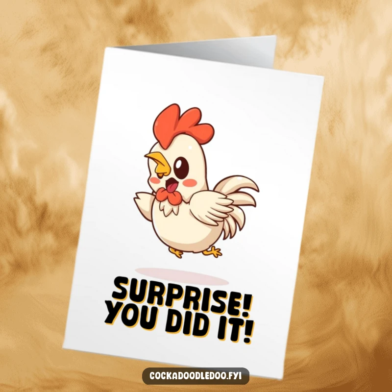 Funny Free Printable Congratulations Card: Startled Kawaii rooster hopping backwards in a comical, surprised reaction.