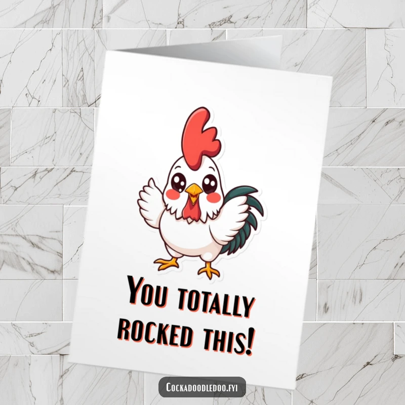 Funny Free Printable Congratulations Card with a kawaii rooster crowing joyfully, celebrating success with a bright-eyed, spirited design.