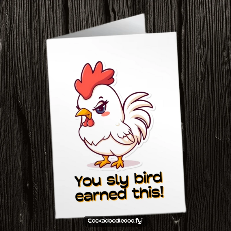 Free Printable Congratulations Card: A kawaii rooster with a knowing, mischievous twinkle in its eye celebrates a sneaky win. Playful congrats.