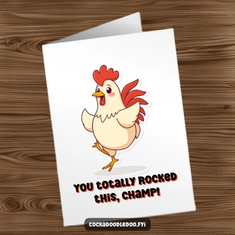 Funny Free Printable Congratulations Card: Energetic rooster character dancing with glee, celebrating a big achievement.
