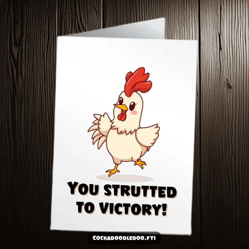 Funny Free Printable Congratulations Card: A cheerful rooster character strutting triumphantly to celebrate an achievement.