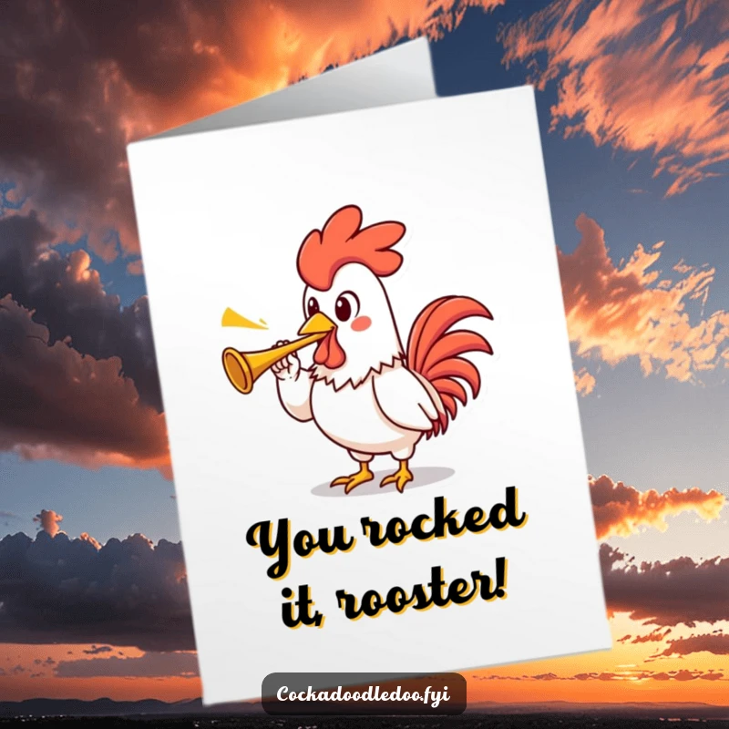 Funny Free Printable Congratulations Card: A proud rooster character blowing a tiny trumpet to announce victory.