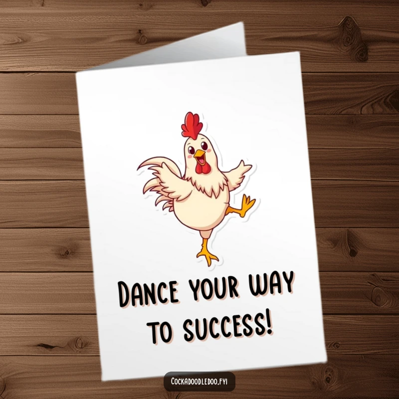 Funny Free Printable Congratulations Card: A happy rooster joyfully kicking its legs, dancing to celebrate your success!