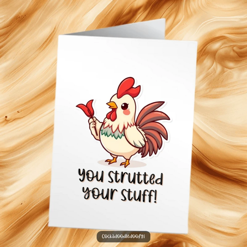 Funny Free Printable congratulations card: a proud Kawaii rooster shows off a magnificent shiny red feather.