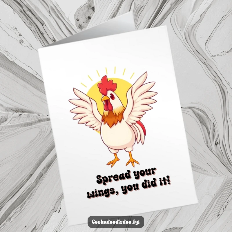 Funny Free Printable Congratulations Card: Rooster character basking in sunlight with wings spread, celebrating success.